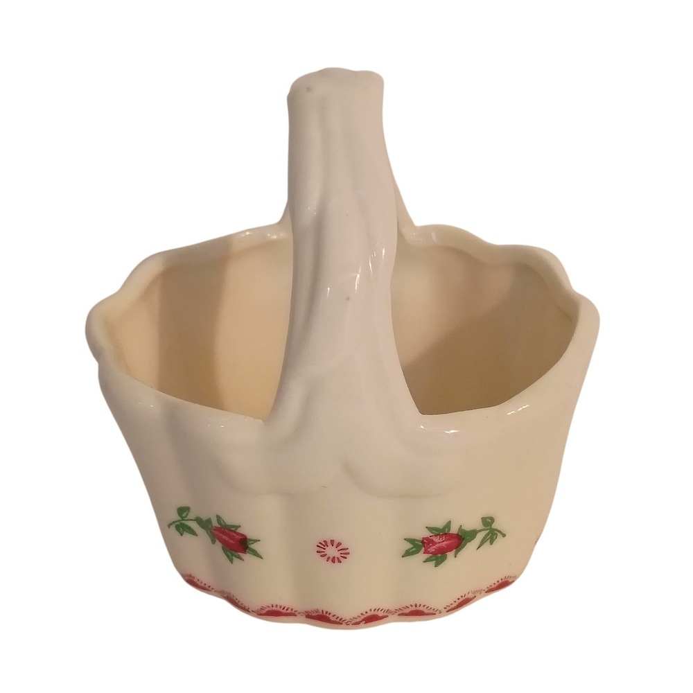 Vintage Ceramic Rosebud Basket Planter Scalloped Candy Dish White Red Floral‎